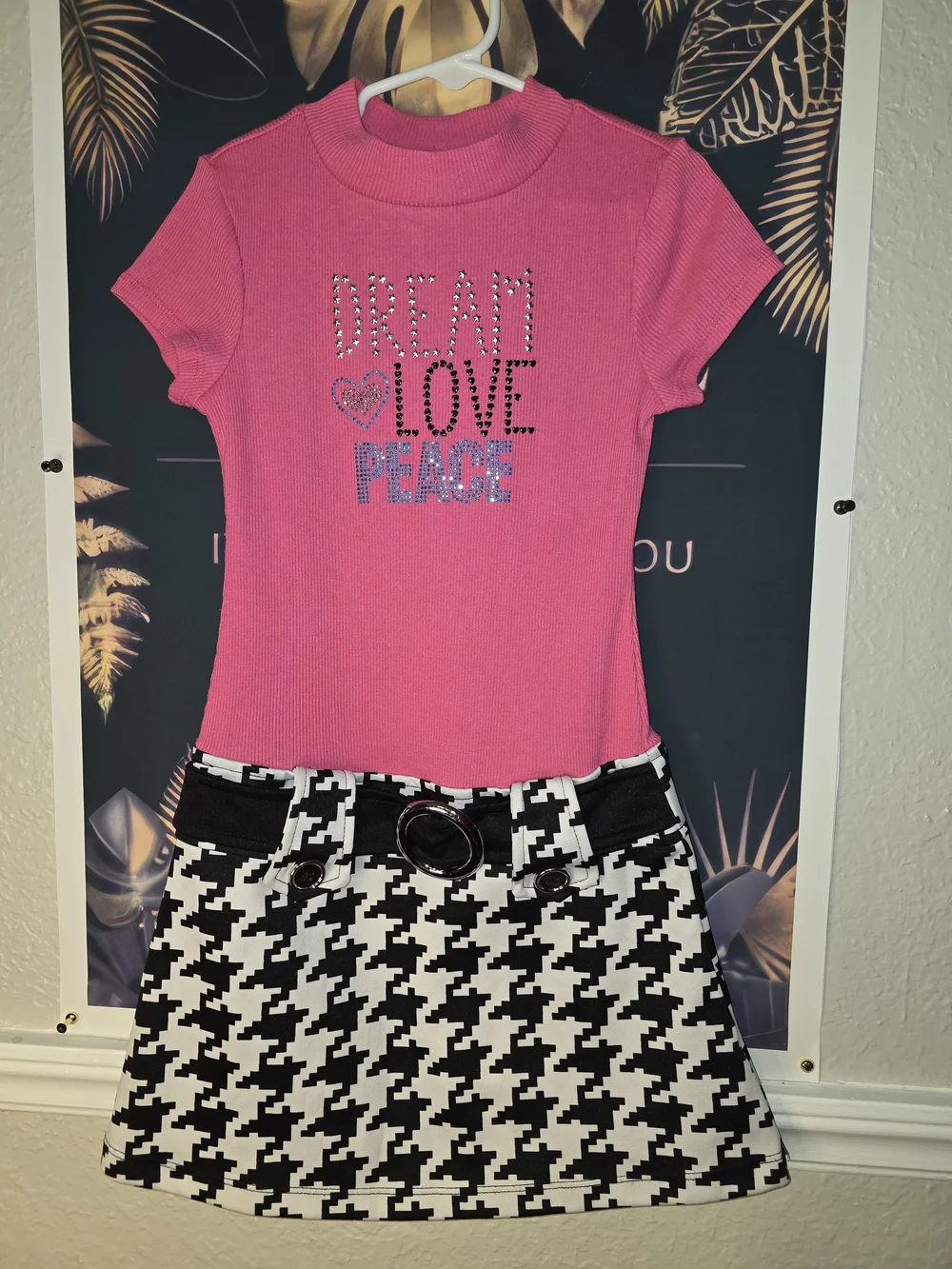 Girls' Pink 'Dream Love Peace' Short Sleeve Dress with Houndstooth Skirt